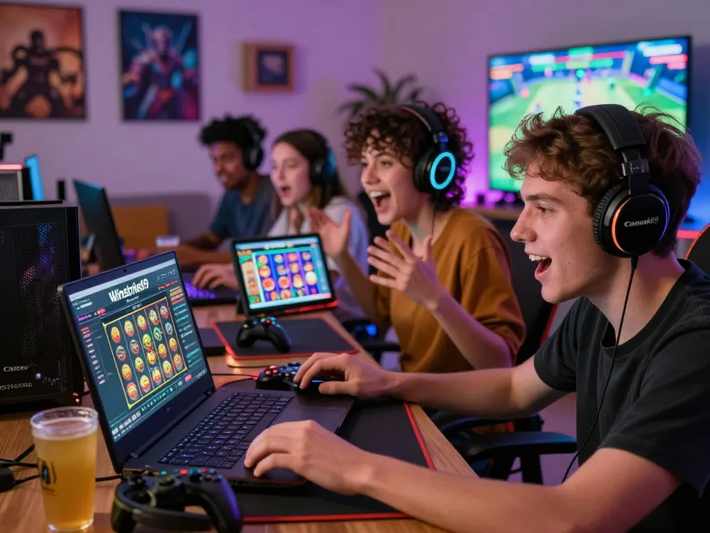 Players engaging with Winstrike69 in a vibrant gaming environment, showcasing excitement and camaraderie.