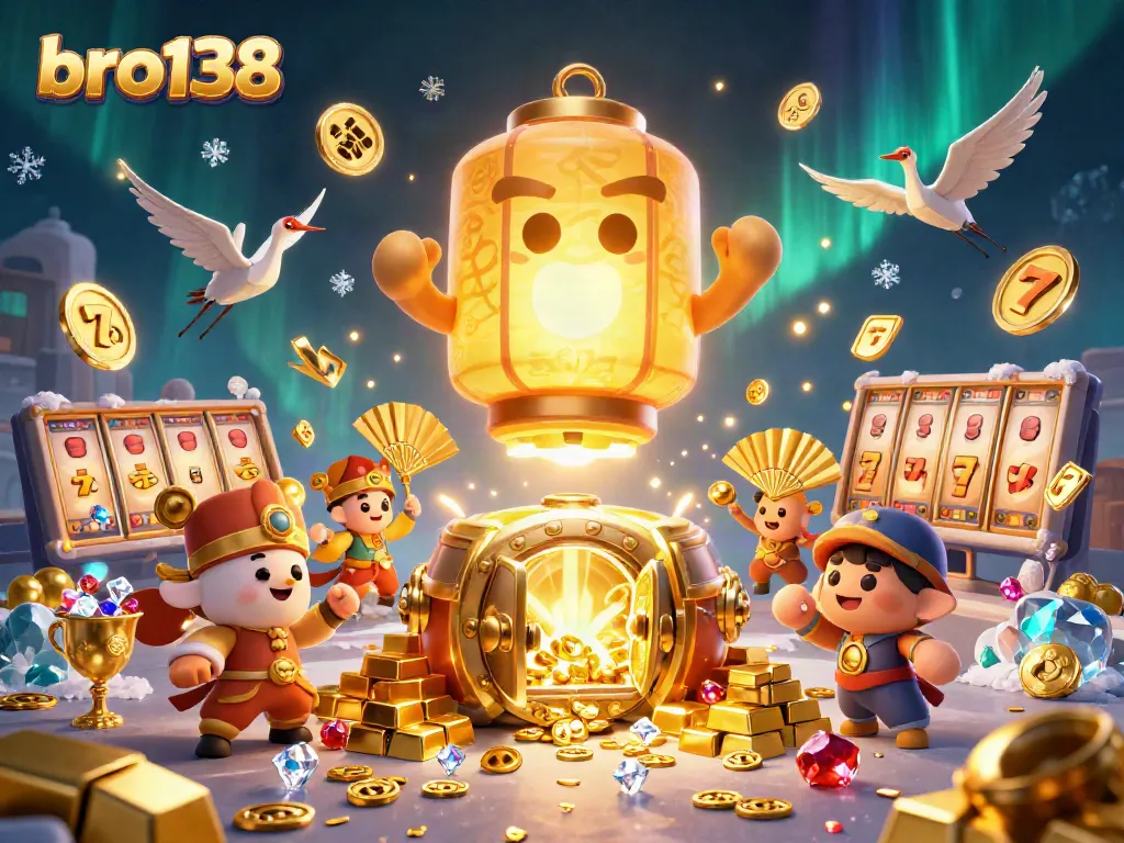 Experience jackpots with bro138 in this vibrant 3D illustration featuring winnings and gaming elements.