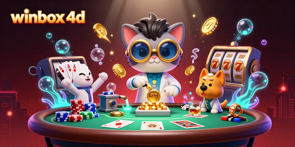 Engage with winbox 4d and experience the thrill of a vibrant casino scene featuring animated characters.