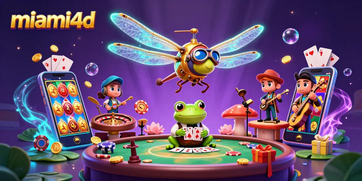 Experience excitement with miami4d as a dragonfly pilot meets a frog croupier in a vibrant casino scene.