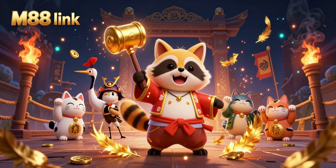 Spin the M88 link for endless betting fun with lucky charm characters in a vibrant casino scene.
