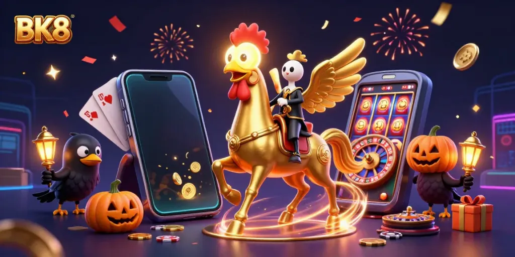 Engaging BK8 casino scene with a golden rooster riding a spectral horse, vibrant slot elements.
