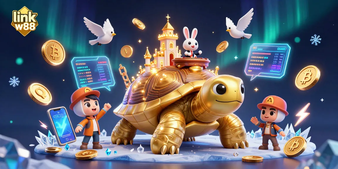 Tham gia cá cược tại link w88 với hình ảnh chú rùa khổng lồ và casino trên mai của nó.