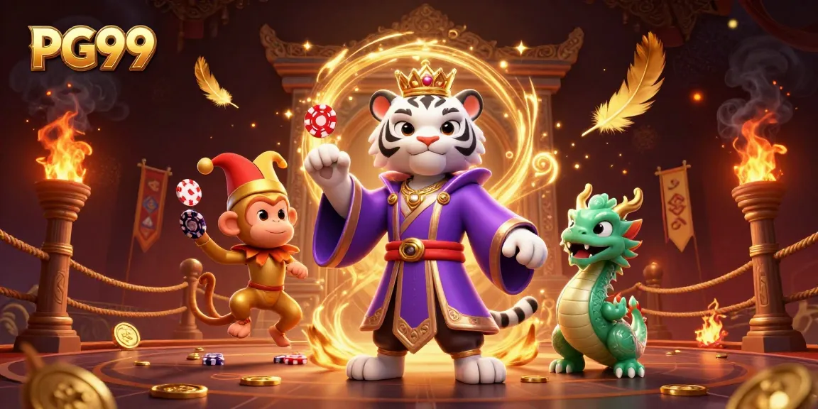 Experience the exciting world of PG99 with a vibrant illustration featuring a royal tiger, playful monkey, and jade dragon.