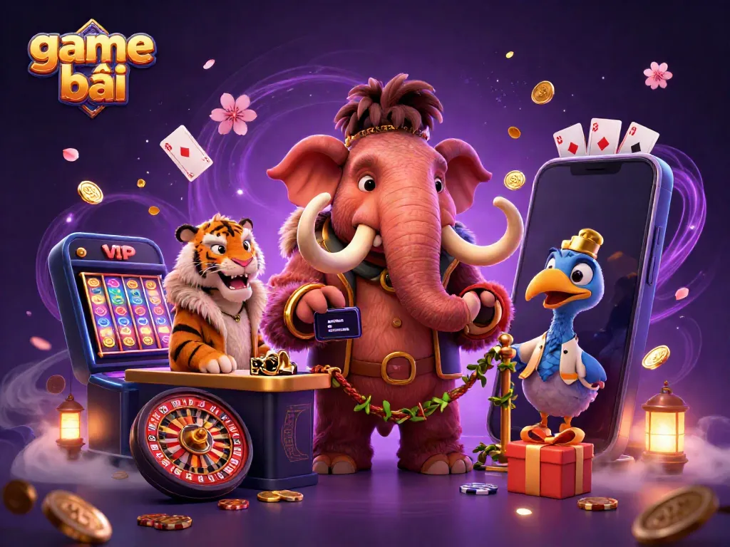 Exciting scene featuring characters enjoying game bài with a casino theme, bursting with vibrant game elements.