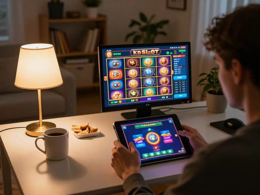 Engaging with kdslot online games on a tablet in a cozy living room, showcasing modern gaming setup