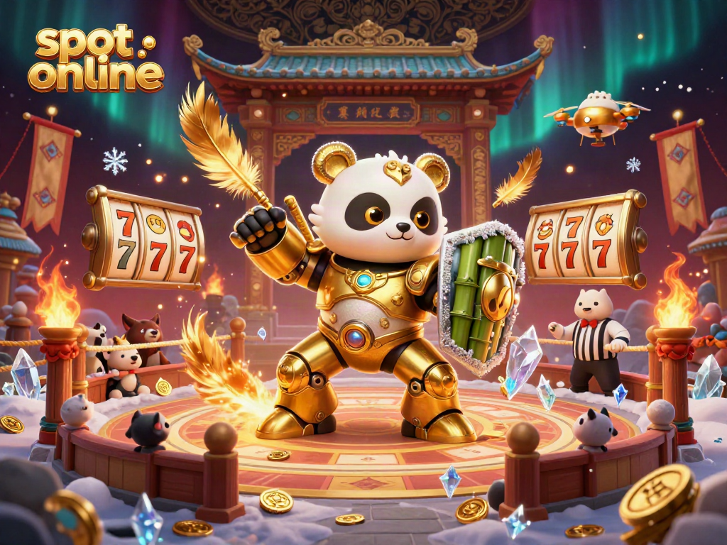 Experience the thrill of slot online with a mech-suit panda battling in a captivating arena filled with coins and characters.