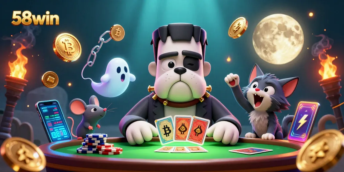 Engaging 58win casino scene with Frankenstein bulldog and werewolf kitten playing cards.