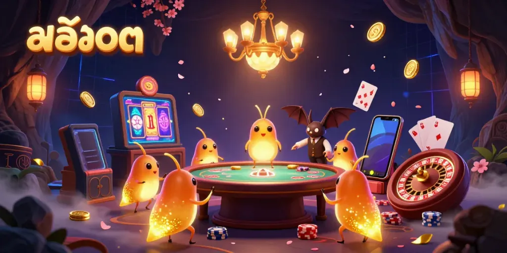 Experience the thrill of สล็อต in this vibrant 3D cave casino illustration, featuring glowing characters and dynamic gaming elements.