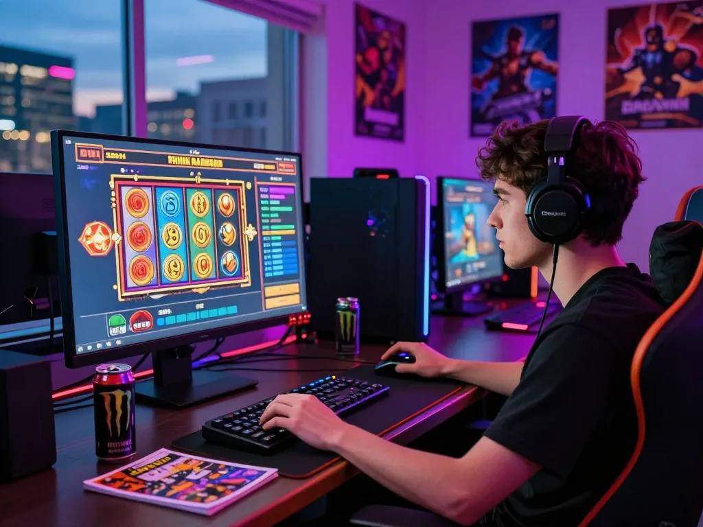 Menyenangkan pengaturan permainan online yang menampilkan seorang pemain terjun ke dalam pengalaman slot gacor hari ini dengan grafik warna-warni dan aksesori permainan.