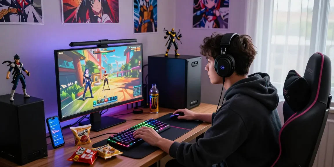 Engaging player immersed in hentai games with vibrant graphics in cozy home gaming setup.