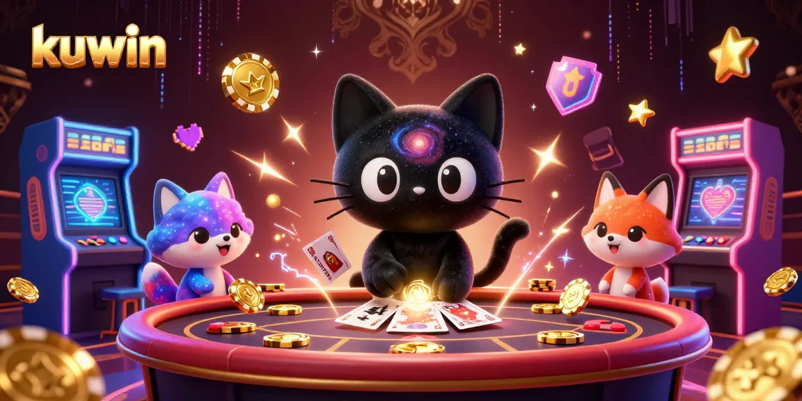 Kuwin attracts players with a cosmic casino table illustration featuring a black hole cat and colorful elements.