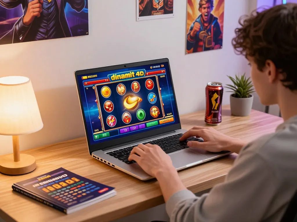 Experience excitement with dinamit4d casino game on a sleek laptop in a cozy workspace.