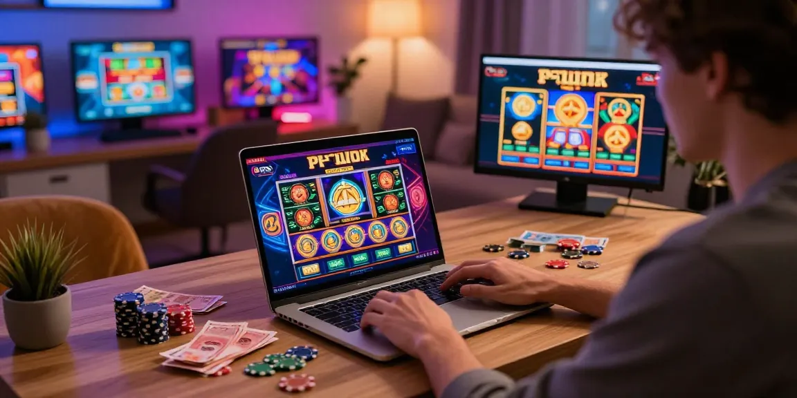 Engaging player enjoying new online slot sites at a modern home gaming setup with vibrant graphics.