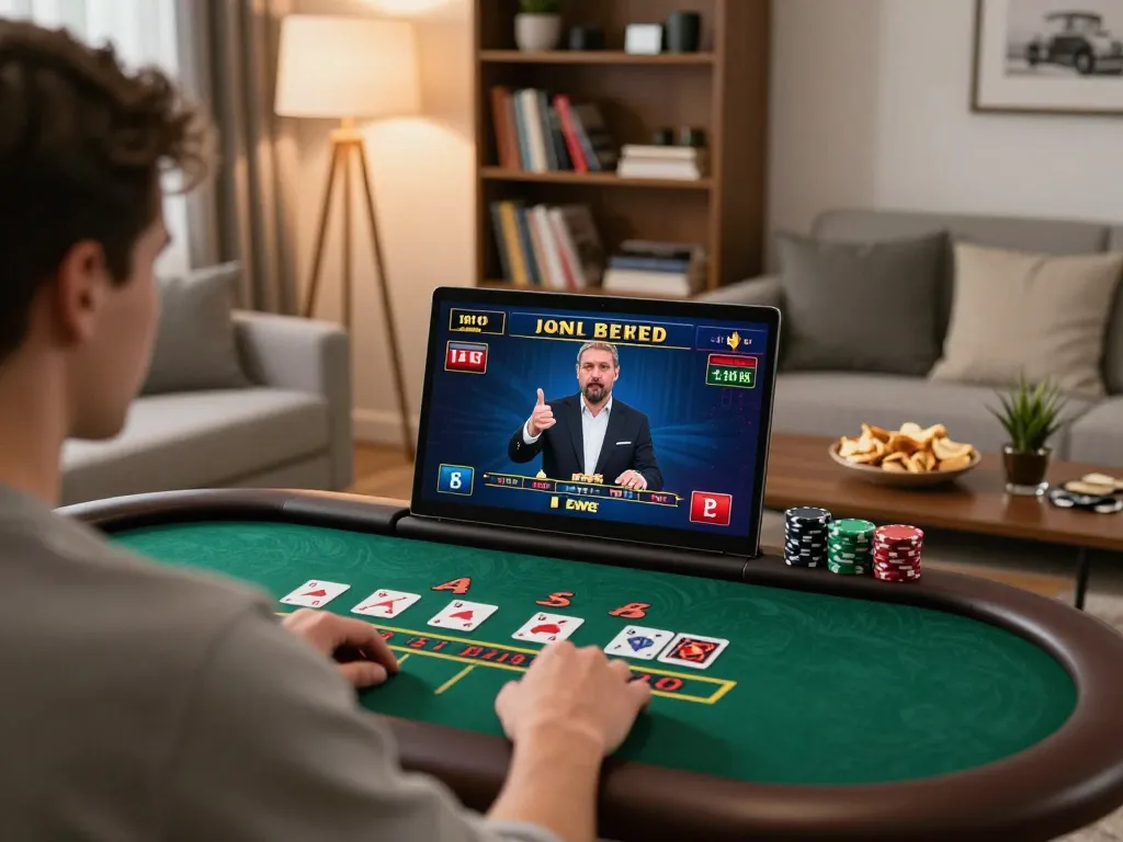 Player engaging in a live dealer blackjack game online at home, showcasing U8888 gaming experience.