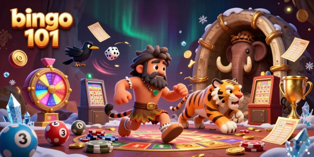 Engage in exciting wins with bingo 101 in a lively prehistoric casino atmosphere.