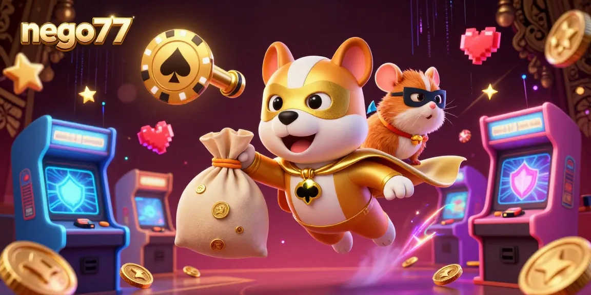 Win exciting rewards with nego77, as a superhero dog and sidekick hamster showcase vibrant casino gaming elements.