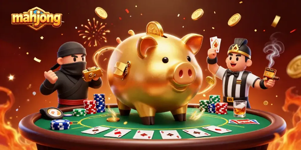 Menang dalam permainan mahjong dengan suasana berwarna-warni dan karakter unik beraksi di meja poker