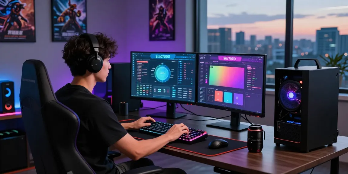 Engaging gaming setup showcasing slot7000 platform with dual monitors and RGB lighting