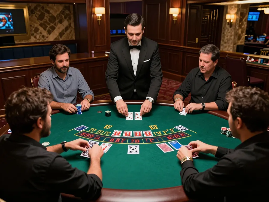 Sunwin players engaging at a live dealer blackjack table, showcasing excitement and stakes in an elegant casino.