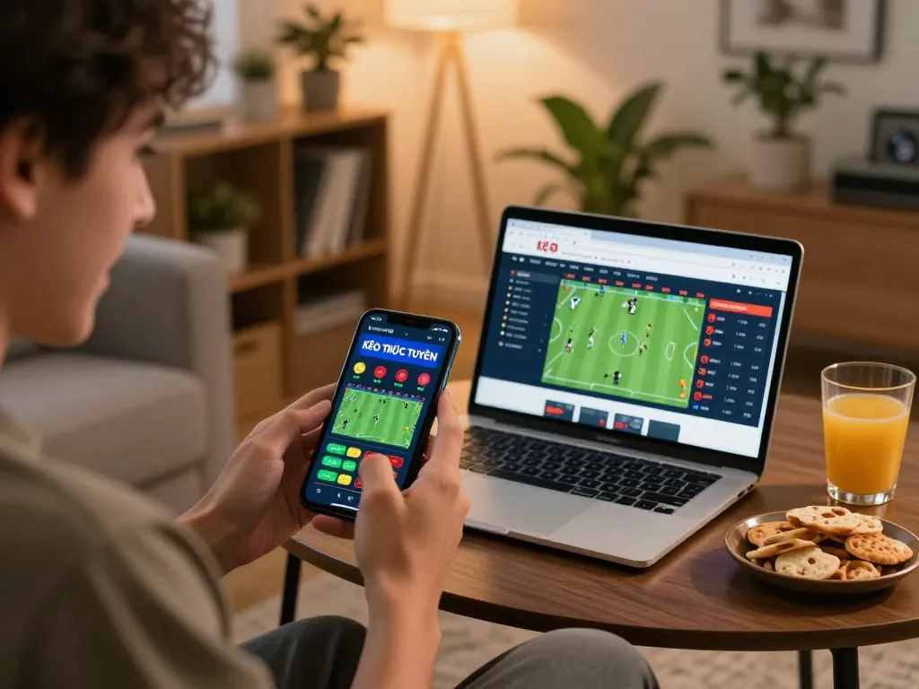 KÈO TRỰC TUYẾN user engaging in live sports betting action from a cozy home environment.