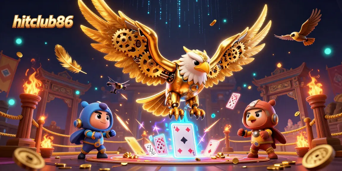 Engage with hitclub86's vibrant 3D cybernetic eagle in a dynamic gambling scene.