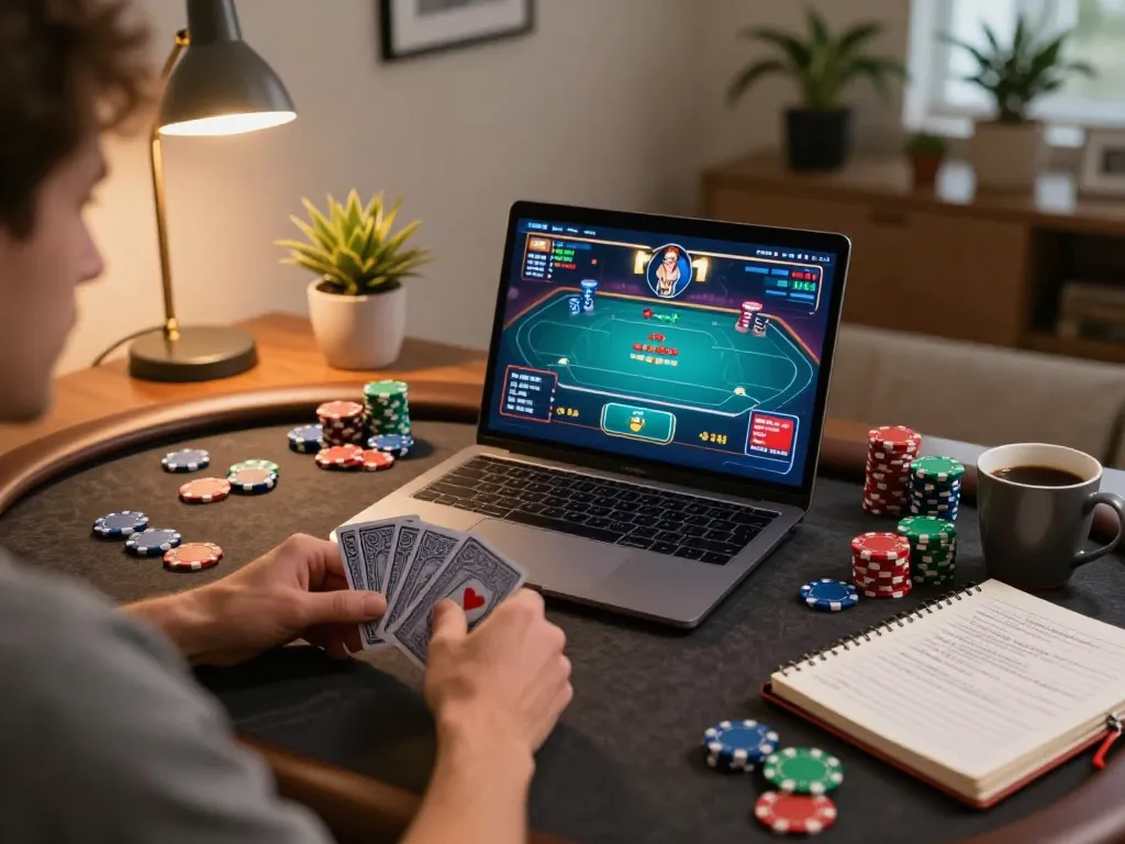 cm88 player engaged in an online poker game with strategic notes beside laptop