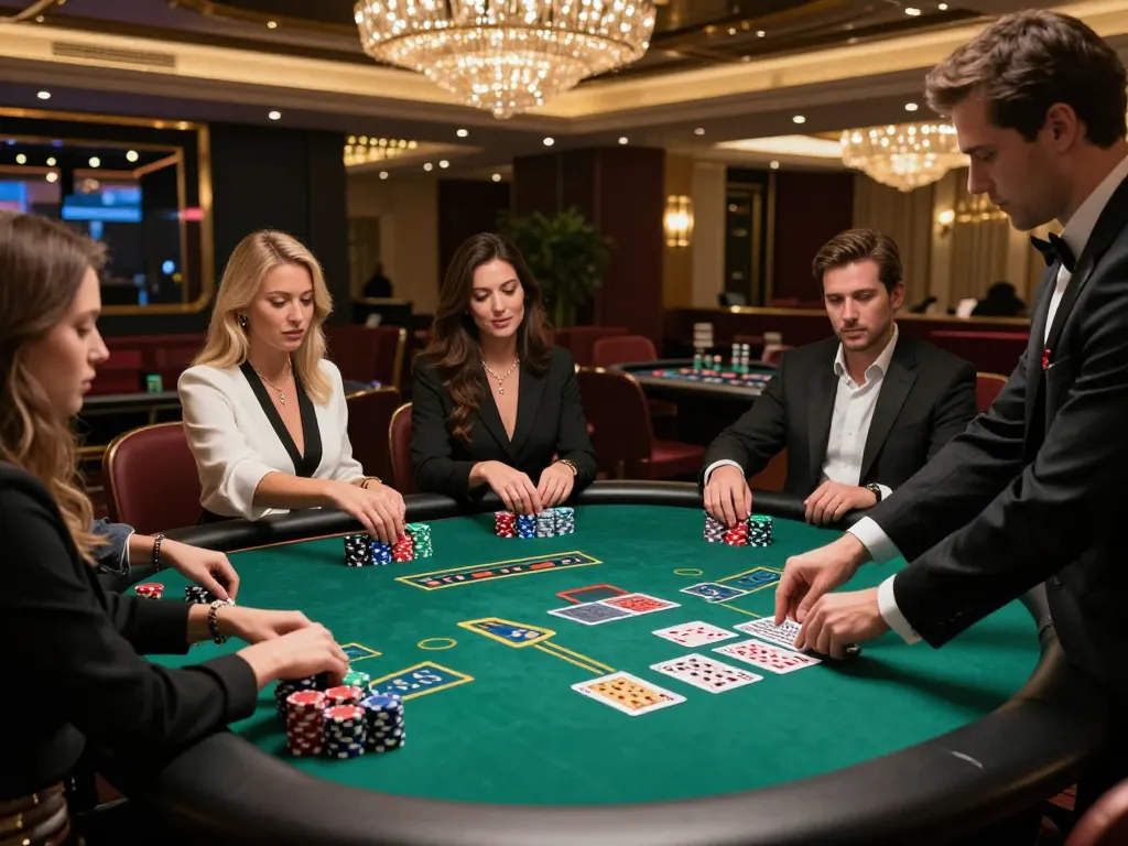Players engage in intense blackjack game at a luxurious casino n188, showcasing anticipation and strategy.