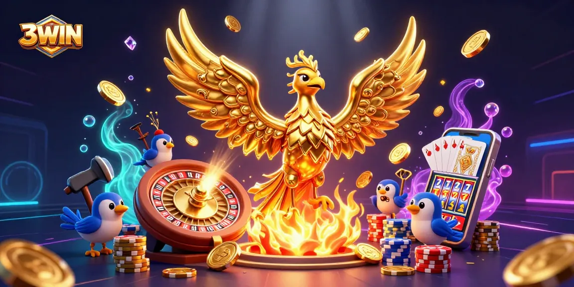 3WIN offers thrilling gaming adventures with a golden phoenix and roulette elements, embodying excitement and fortune.