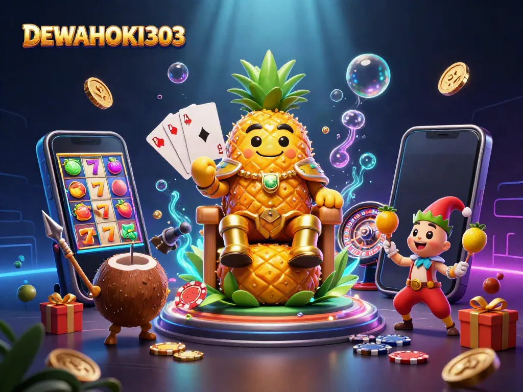 DEWAHOKI303 menampilkan pengalaman bermain slot online dengan raja nanas dan elemen kasino lainnya.