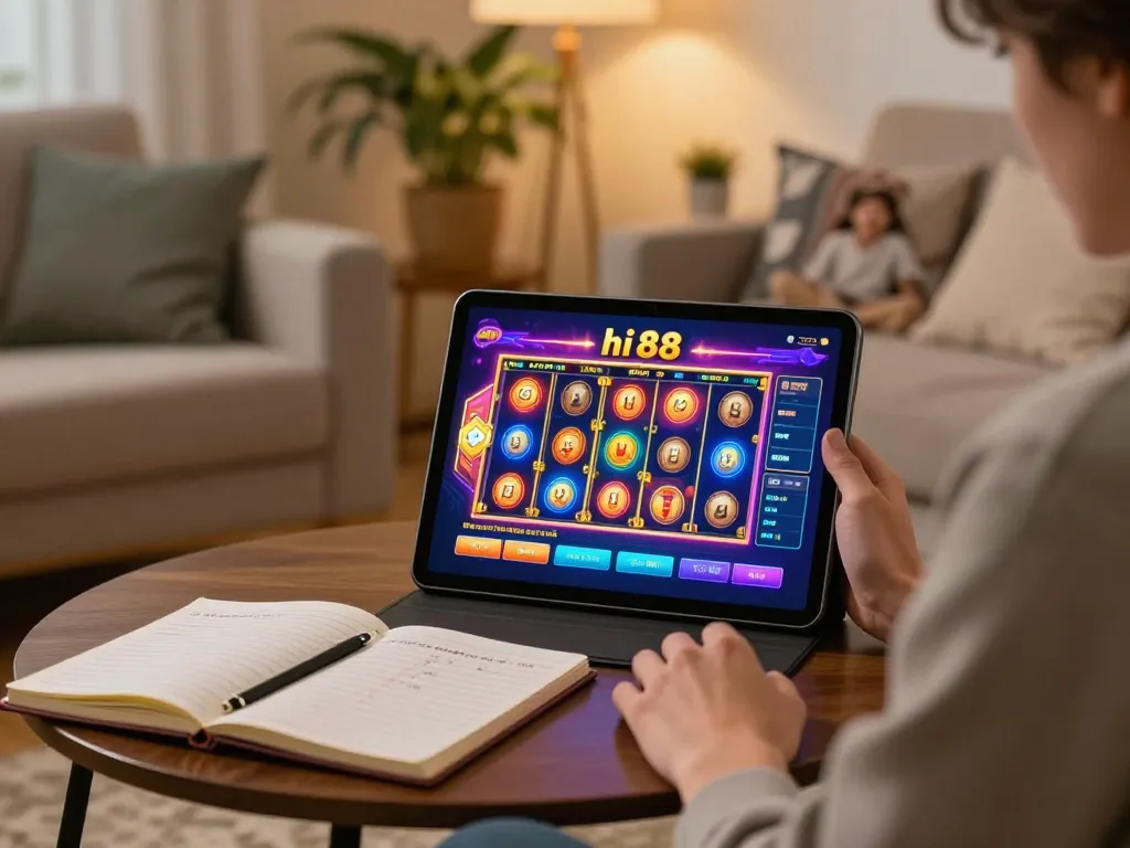 Experience hi 88 online casino gaming with a colorful slot game displayed on a tablet in a cozy home.