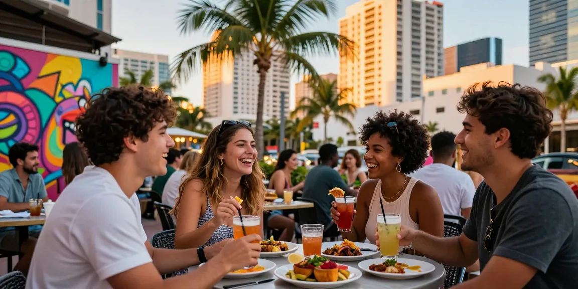 Suasana malam penuh keceriaan di https://miami4d.com/ dengan makanan lokal dan teman-teman di kafe luar ruangan