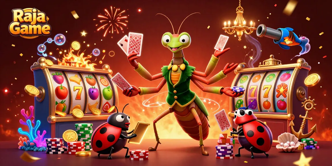 Engage with Raja Game in this vibrant scene featuring colorful slot reels and cartoon characters.
