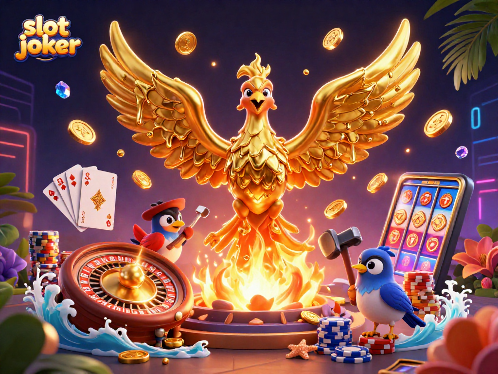 Permainan slot joker menampilkan phoenix emas dan koin berkilau yang menciptakan suasana kasino yang meriah.