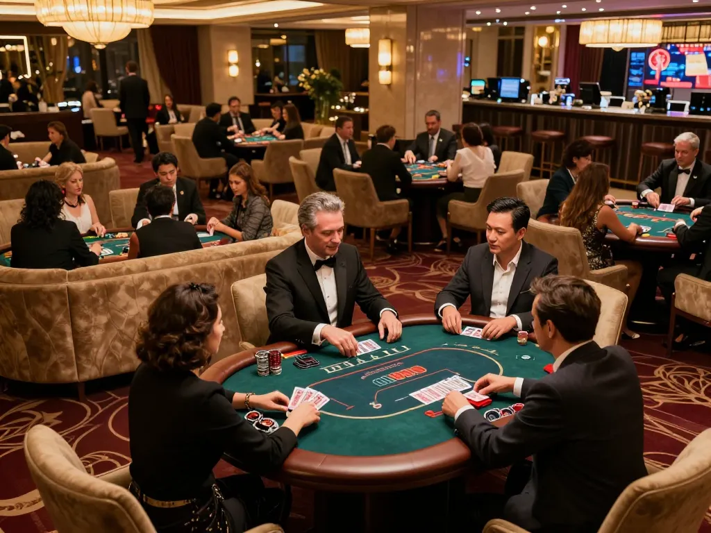98win players strategizing at a poker table in a luxurious casino setting with elegant decor.