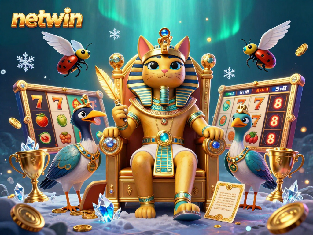 Experience netwin with this vibrant 3D scene featuring an Egyptian pharaoh cat surrounded by rich casino elements.