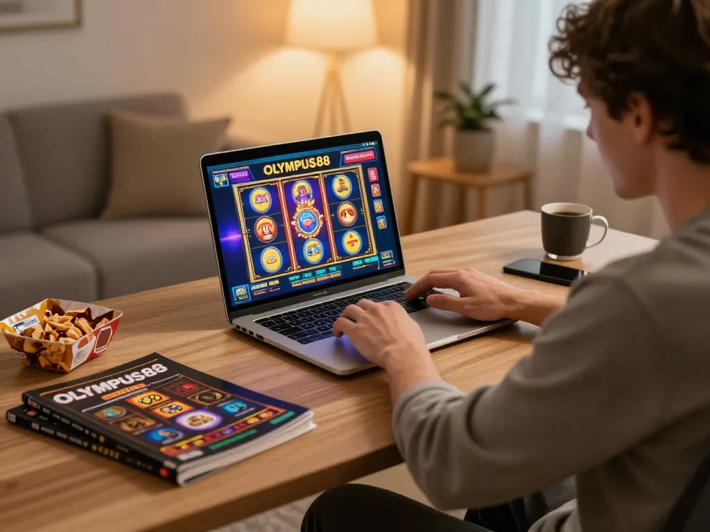 Engaging in OLYMPUS88 online slots in a cozy home office setting, showcasing a fun and strategic gambling experience.