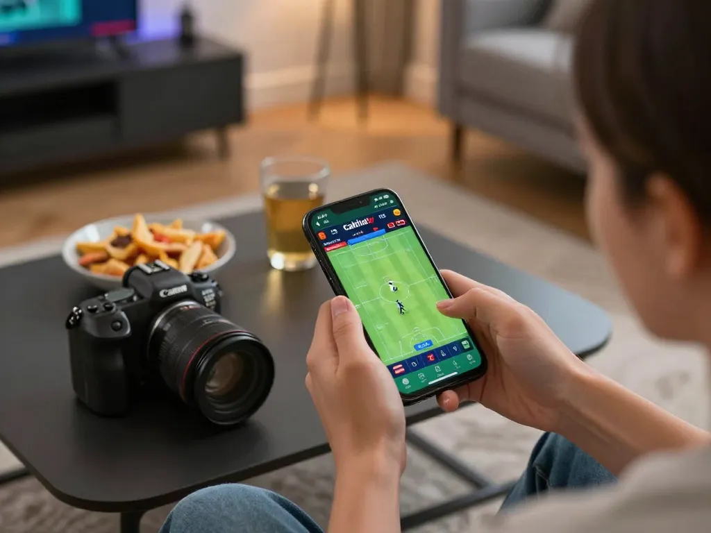 Cakhiatv user enjoying live sports betting on smartphone, capturing excitement in a cozy home