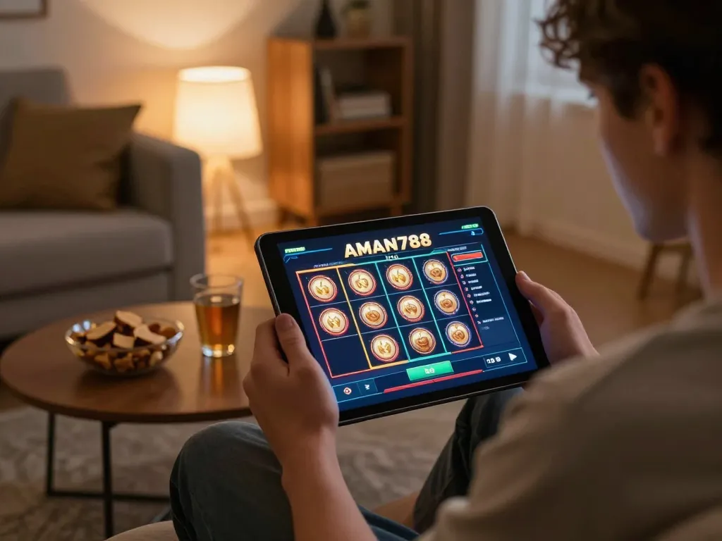 Pemain terlibat dengan slot online AMAN788 di tablet dalam suasana rumah yang nyaman, menekankan permainan yang bertanggung jawab.