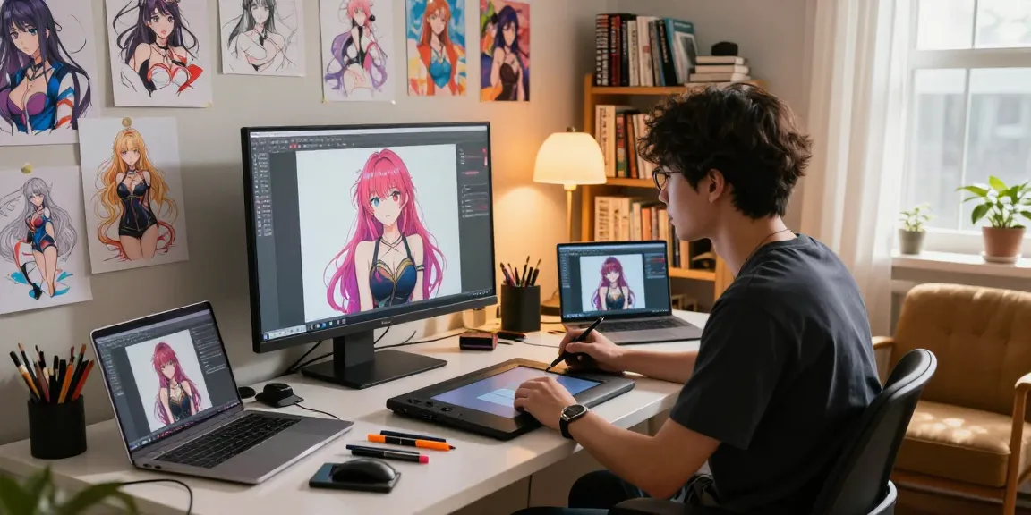 Vibrant art studio scene focusing on hentai AI character design process.
