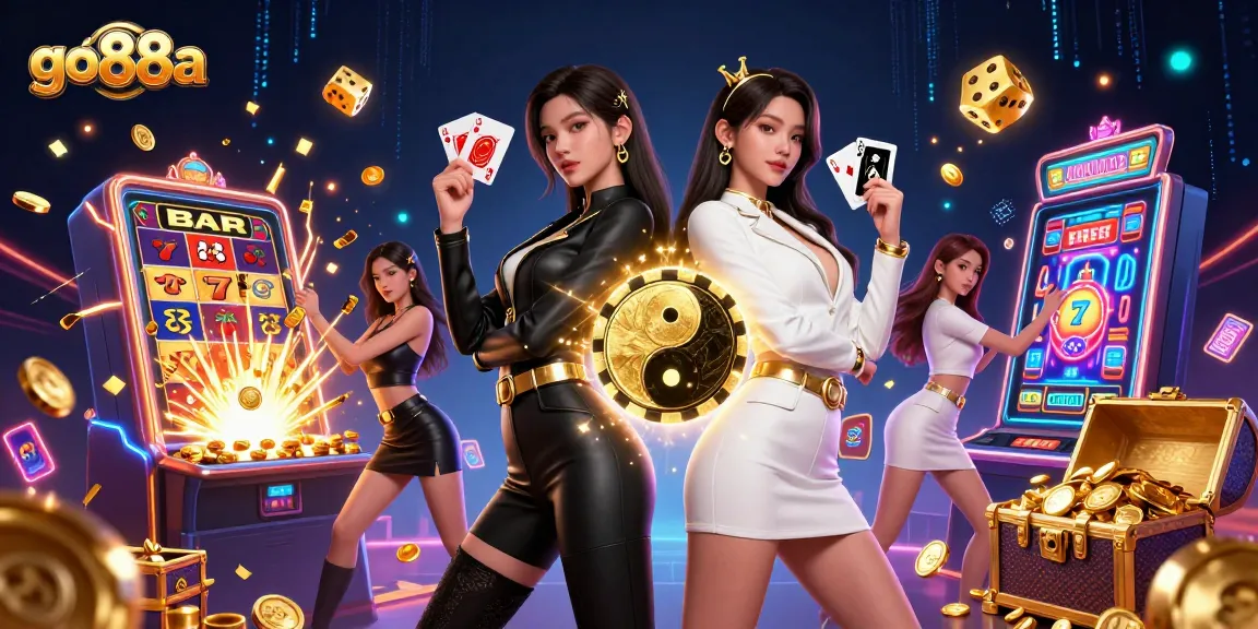Experience excitement at go88a with twin Asian gamers holding cards amidst a jackpot explosion.