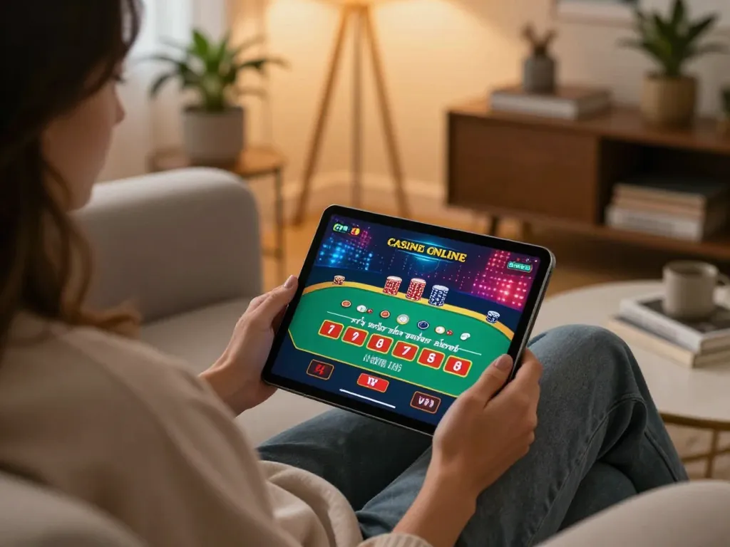 Engaging in Casino Online gameplay on a tablet in a cozy living room setting
