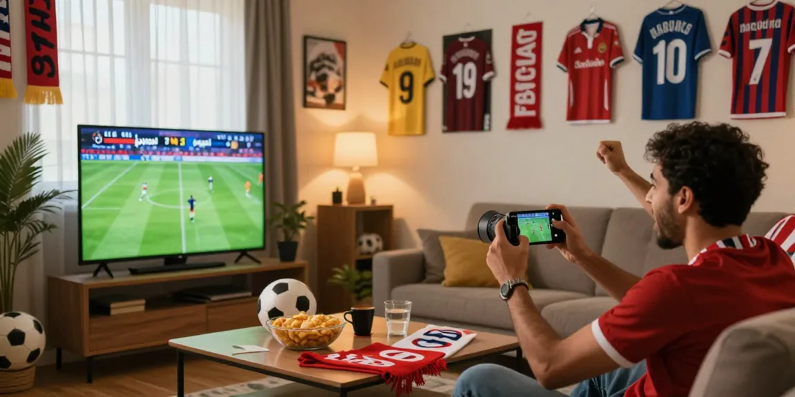Excited soccer fan enjoying جدول مباريات اليوم كورة لايف in a lively living room with friends, snacks, and team memorabilia.
