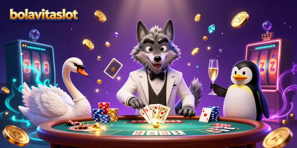 Experience the thrill of bolavitaslot with a vibrant 3D casino scene showcasing a wolf, swan, and penguin.