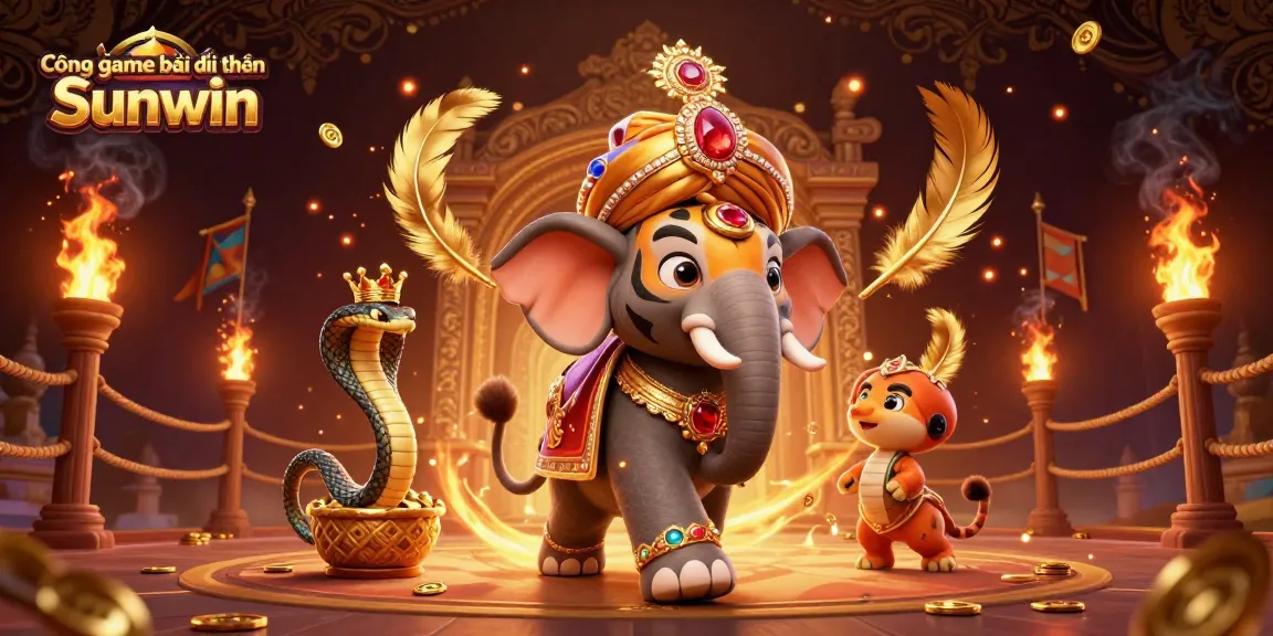 Cổng game bài đổi thưởng Sunwin offers a vibrant 3D illustration featuring a maharaja tiger, a jeweled elephant, and a cobra in a captivating casino scene.