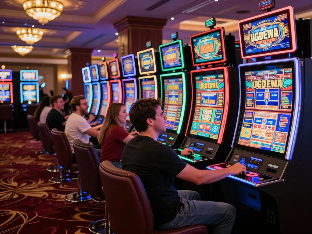 Players enjoying vibrant slot machines at UGDEWA casino, colorful displays and excitement palpable
