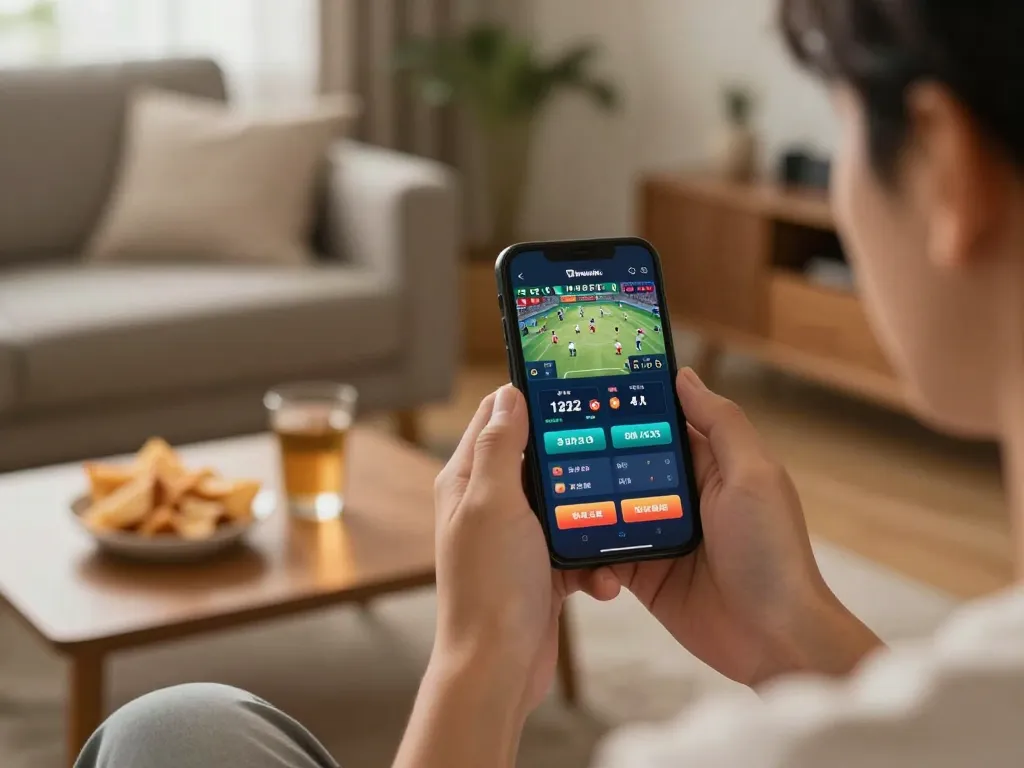 Engaging in sports betting on a smartphone with live odds at 789win2 in a cozy home setting