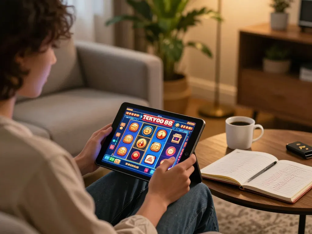Mainkan permainan slot tokyo88 yang menarik di tablet dalam suasana rumah yang nyaman dengan catatan strategi dan minuman.