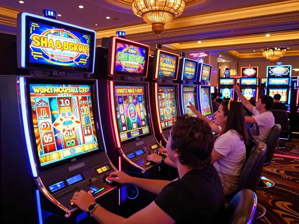 Players enjoying slot88 games in a vibrant casino atmosphere, pressing buttons for potential jackpots.