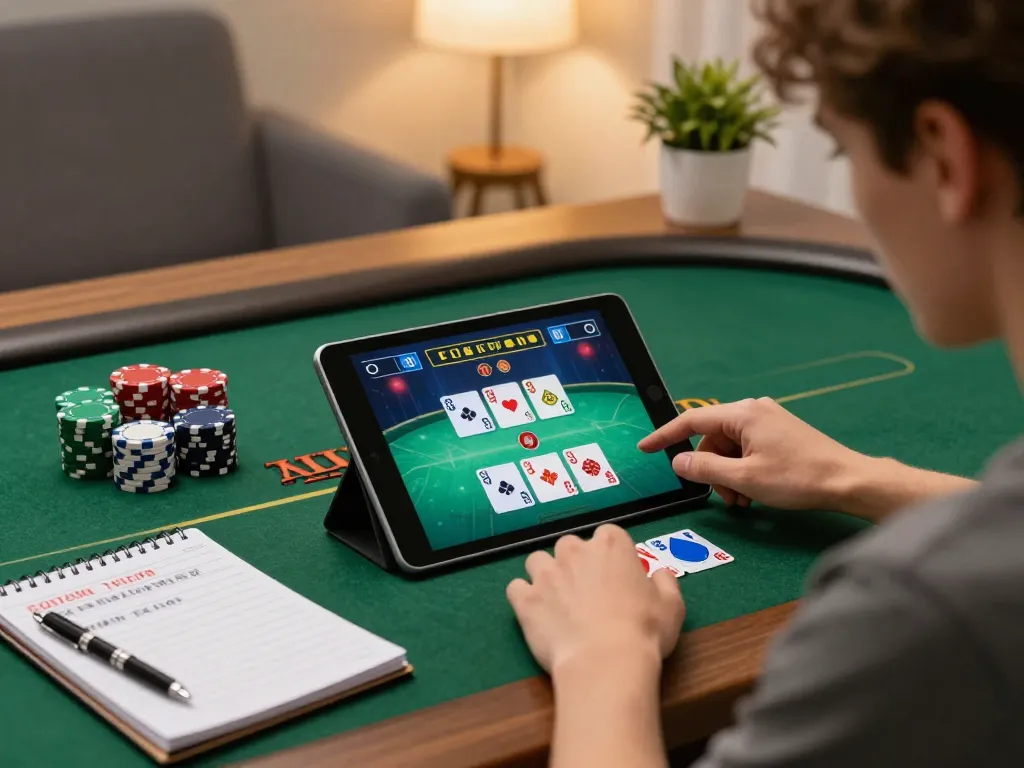 A player strategizing in an online poker game on a tablet while exploring link gg88 for bonuses and tips.